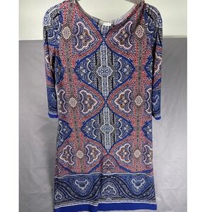London Times Women's Dress Size 8 Blue Red Paisley Print 3/4 Sleeve Shift